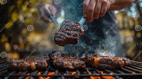 Man Grilling Steaks Outdoors Generative By Ai Stock Illustration