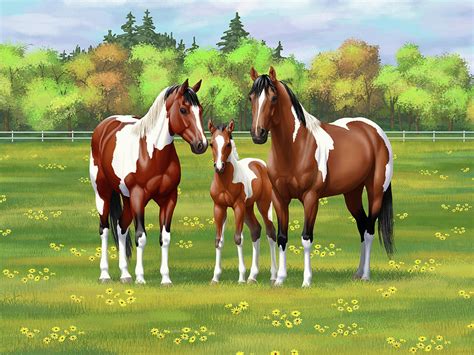 Bay Pinto Paint Quarter Horses in Summer Pasture Painting by Crista Forest - Pixels