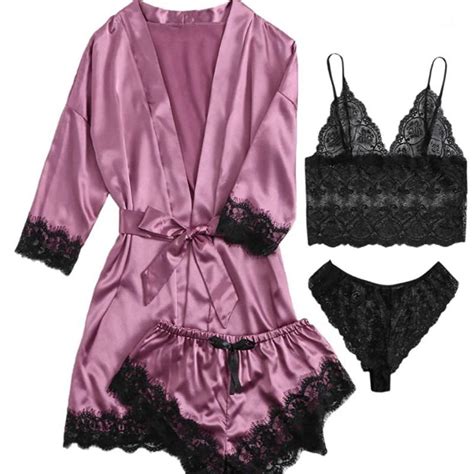 Cheap New Womens Pure Silk Satin Pajama Set 4pcs Floral Lace Trim Cami Lingerie Sleepwear With