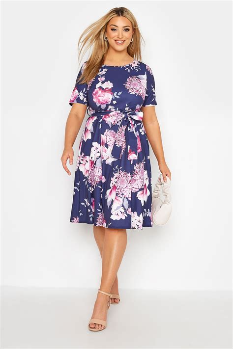 Yours London Plus Size Navy Blue Floral Print Midi Skater Dress Yours Clothing