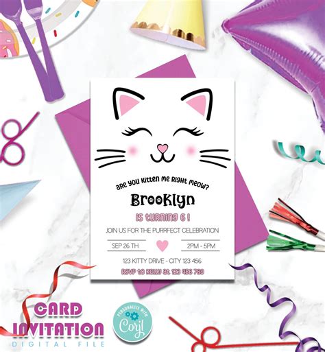 DIY Kitten Birthday Party Invitation Template Cute Cat Girl Bday Invite