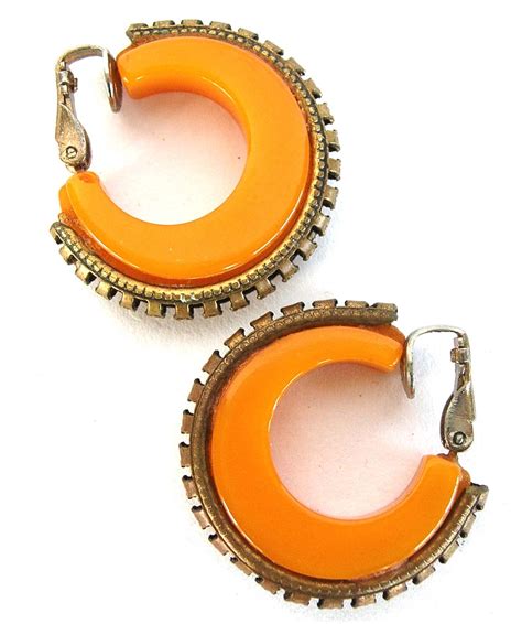 Vintage Butterscotch Bakelite Hoop Earrings With Brass Trim From