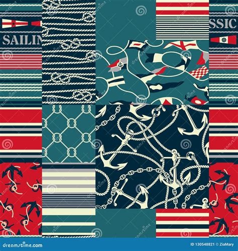 Nautical And Marina Elements Patchwork Wallpaper Stock Vector