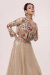 Buy Beige Georgette Hand Embroidered Floral Jacket Stand Collar Lehenga