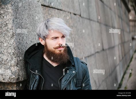 Bearded Hipster With Nose Ring In Leather Jacket Stock Photo Alamy