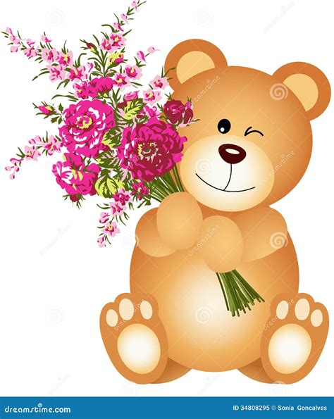 Teddy Bear Holding Flowers Illustrazione Vettoriale Illustrazione Di