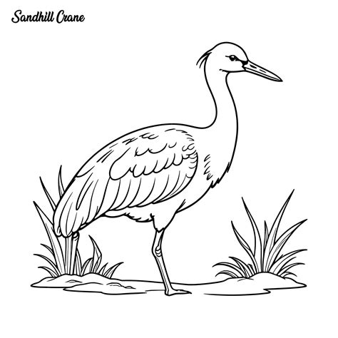 Sandhill Crane Hand Drawing Coloring Page And Outline Vector Design