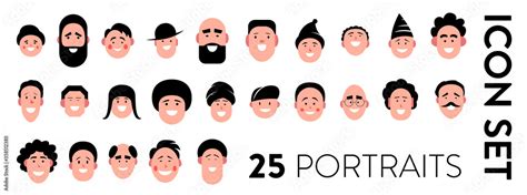 Vektorová Grafika „man Portraits Icon Set Set Of 25 Vector Icons Of Man Faces With Different