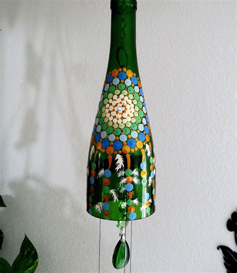 Green Wine Bottle Wind Chime Dream Catcher Yard Art Patio Decor Recycled Bottles House