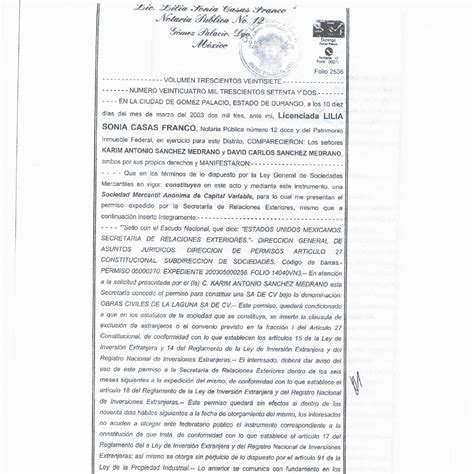 Acta Constitutiva De La Empresa Obras Civiles De La Laguna S A De C V