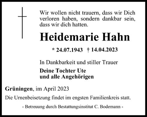 Traueranzeigen Von Heidemarie Hahn Trauer In Thueringen De