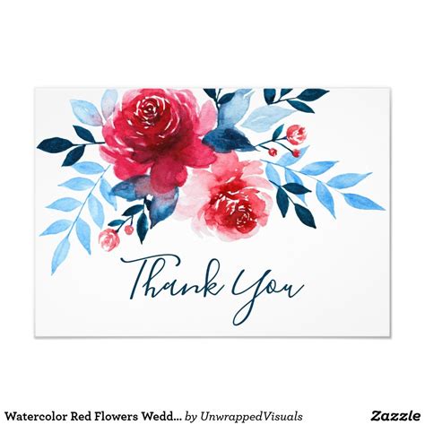 Watercolor Red Flowers Wedding Thank You Card Zazzle Thank You Card