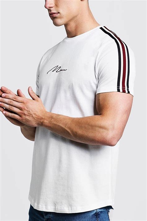 Boohooman Man Signature Curved Hem T Shirt With Tape Detail In White