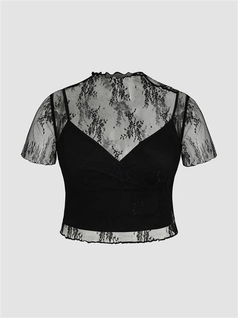 Mesh Jersey High Neck Lace Floral Top And Solid Cami Top Set Curve And Plus