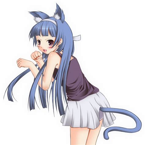 Safebooru Azarashi Bangs Blue Hair Blunt Bangs Cat Ears Cat Pose Cat Tail Kannagi Long Hair