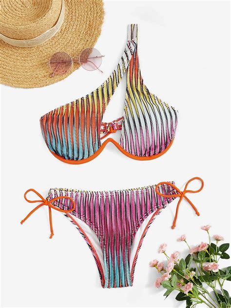 Bañador bikini de rayas con abertura de un hombro Yaxa Store