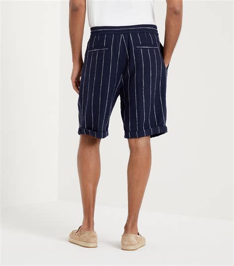 Mens Brunello Cucinelli Blue Linen Wool Pinstripe Bermuda Shorts