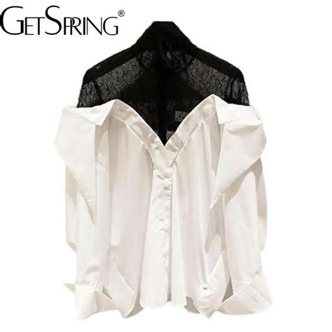 Getspring Women Shirt Asymmetry Lace Patchwork White Blouse Long Sleeve