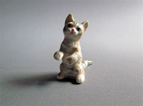 Cat Miniature Ceramic Animal Figurine Tiny Little Brown Grey Etsy