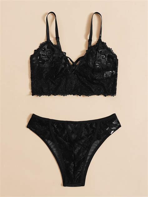Solid Floral Lace Lingerie Set Shein Uk