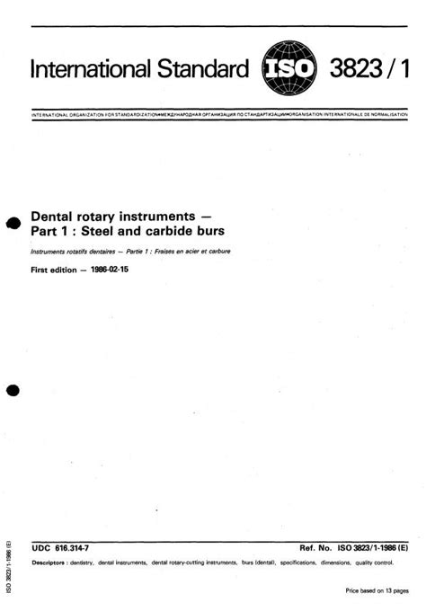ISO 3823-1:1986 - Dental rotary instruments — Part 1: Steel and carbide ...