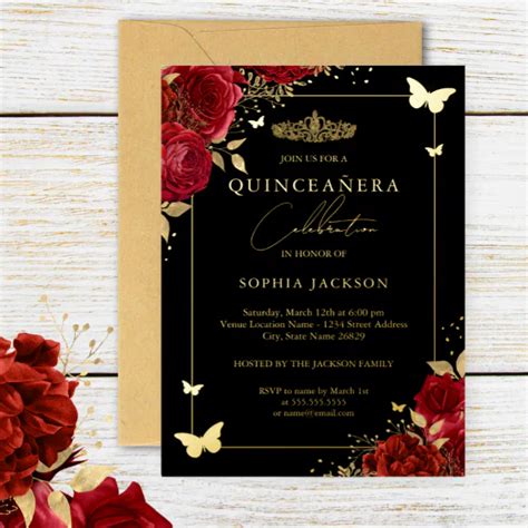 Red Gold Floral Butterfly Tiara Quinceanera Foil Invitation Zazzle