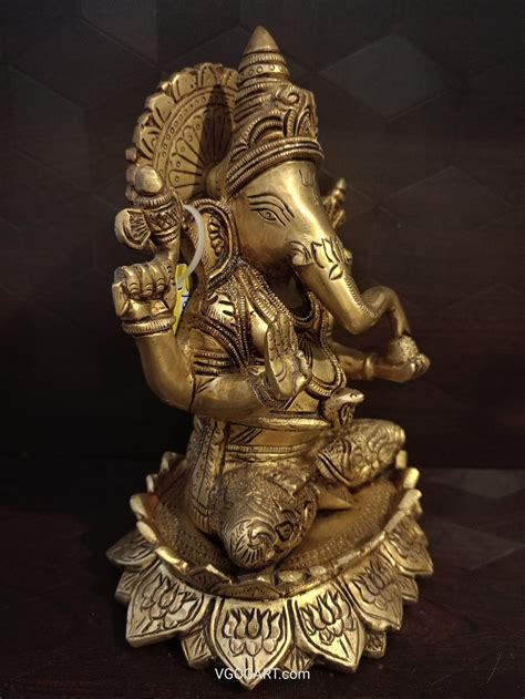 Brass Ganesha Sitting On Lotus Base 8 For Pooja Antique Finish