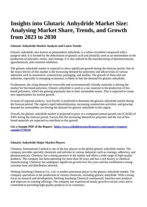 Reportprime Insights Into Glutaric Anhydride Market Size Analysing