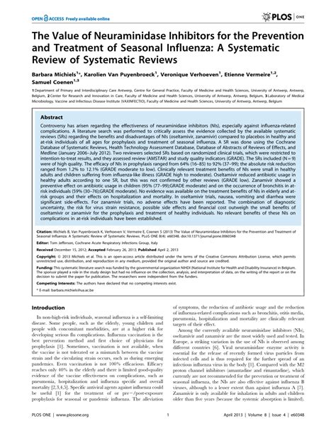 (PDF) The Value of Neuraminidase Inhibitors for the Prevention and ...