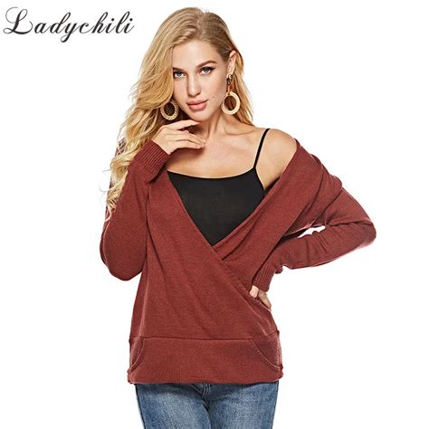 Ladychili Women Clothing Sexy Deep V Neck Knit Sweater Large Size Cross Pullover Soft Sweater