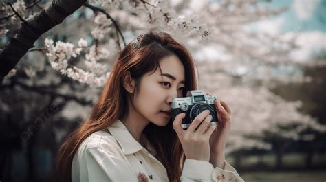 韓國女孩在春天的樹上使用舊相機 相機女孩相機相機單反相機復古女性女性女士女性女性 20 櫻花凝視花長長的頭髮漂亮 高清攝影照片 头发背景