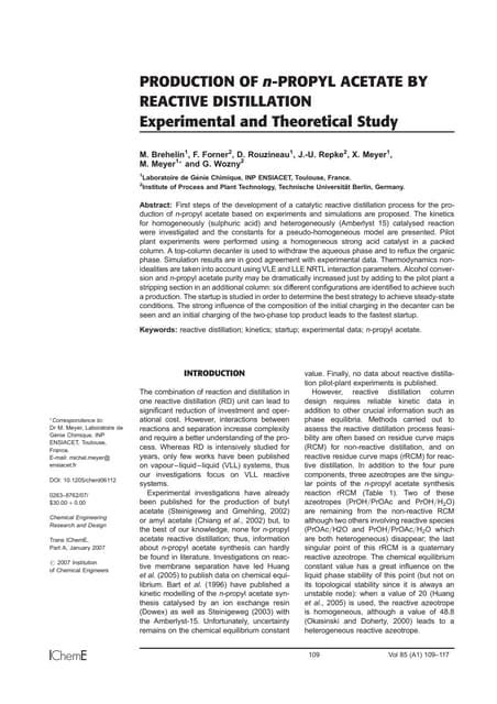 Production Of N Propyl Acetate By Reactive Distillation Experimental