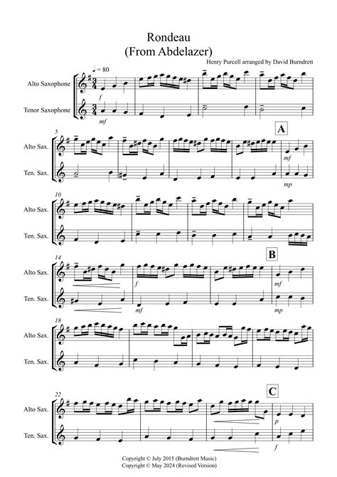 Rondeau From Abdelazer For Alto And Tenor Saxophone Duet Arr David Burndrett Sheet Music