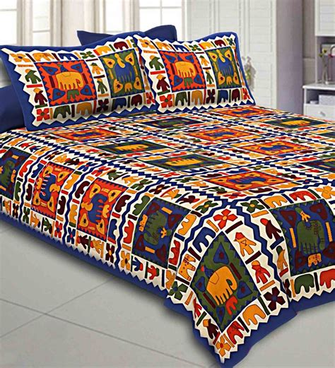 Buy Blue Traditional 240 Tc Cotton 1 Double Queen Size Bedsheet With 2