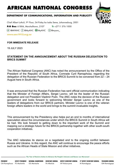 African National Congress On Twitter Statement On The Announcement