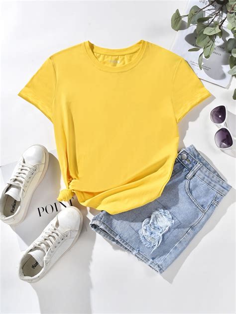 Solid Round Neck Tee Round Neck Tees Tshirt Outfits Yellow T Shirt