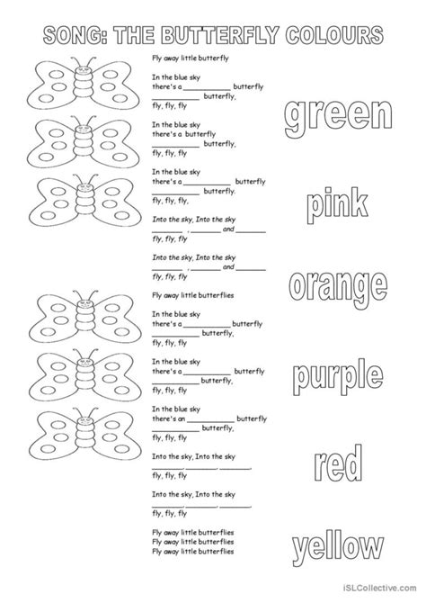 Song The Butterfly Colours Nursery English Esl Worksheets Pdf Doc