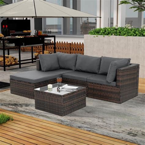 Zeus Ruta Brown 5 Piece Metal Wicker Outdoor Sectional Set With Gray