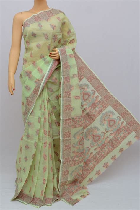 Light Green Color Cotton Tant Bengal Handloom Dhakai Jamdani Allover