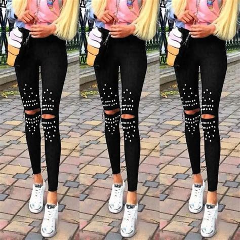 Casual Chic Leggings Knee Hole Leggings 2018 New Trendy Stretch Cut