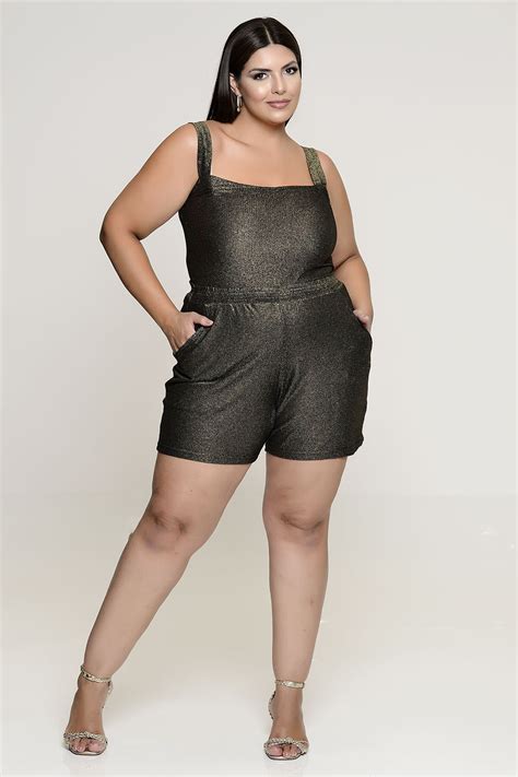 Conjunto Plus Size Cropped E Short Em Lurex Dourado Vk Moda Plus Size