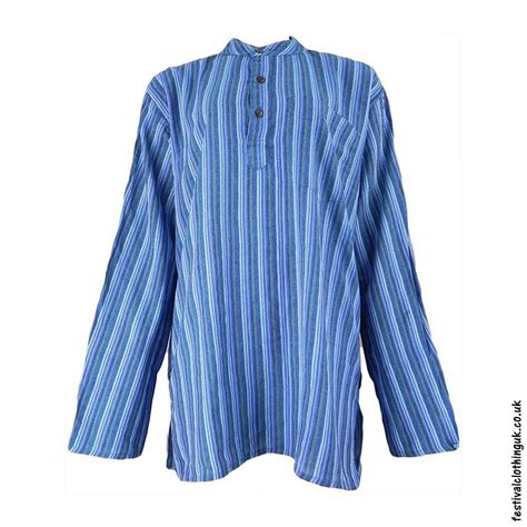 Striped Collarless Grandad Shirt Blue XLarge Festival Shirts