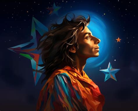 Uma pintura de uma mulher olhando para as estrelas no céu noturno