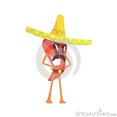 Mexican Bandit Red Hot Chili Pepper Humanized Emotional Flat Cartoon Character With Moustache