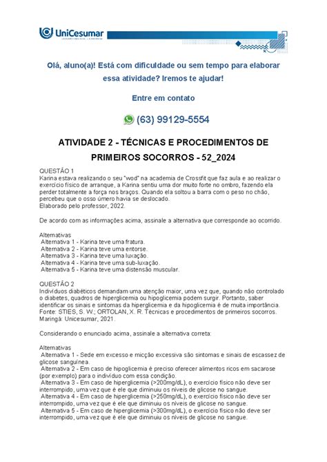 ATIVIDADE 2 TÉCNICAS E PROCEDIMENTOS DE PRIMEIROS SOCORROS 52 2024