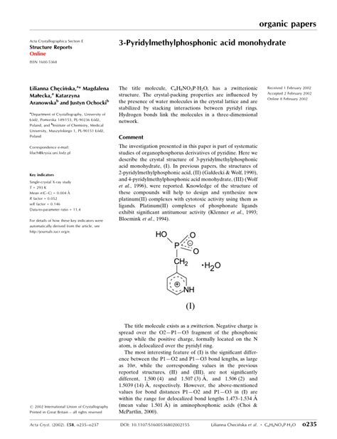 Pdf Pyridylmethylphosphonic Acid Monohydrate