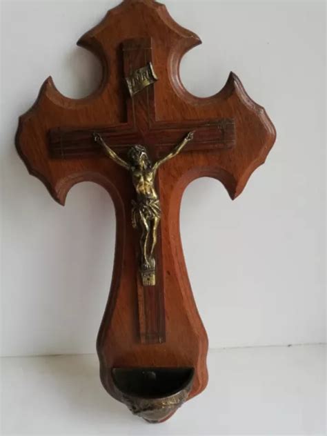 Ancien Crucifix Avec B Nitier En Laiton Sur Double Croix En Bois