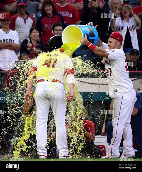 Los Angeles Angels Justin Bour Left Is Doused By Mike Trout After