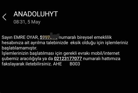 Anadolu Hayat Emeklilikten Ayrılma Talebi Şikayetvar