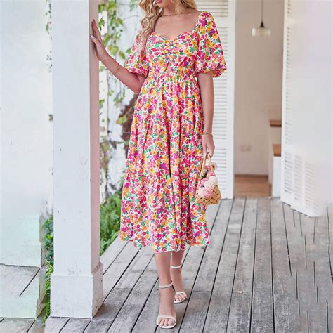 Women Boho Floral V Neck Midi Dress Ladies Holiday Beach Ruffle Swing